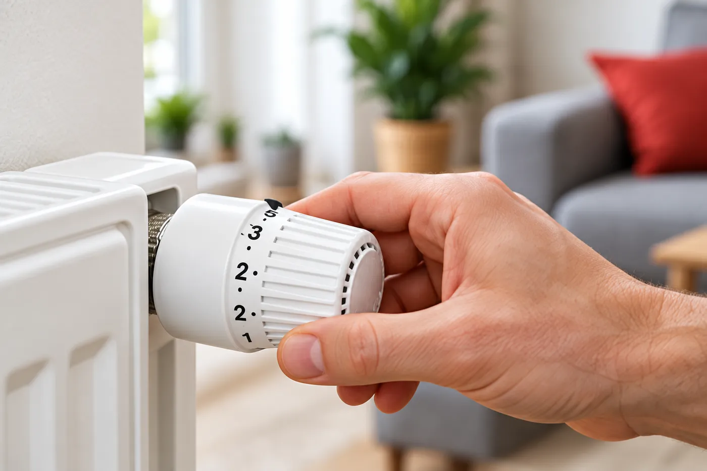 Réglage de la tête thermostatique d'un radiateur dans un séjour